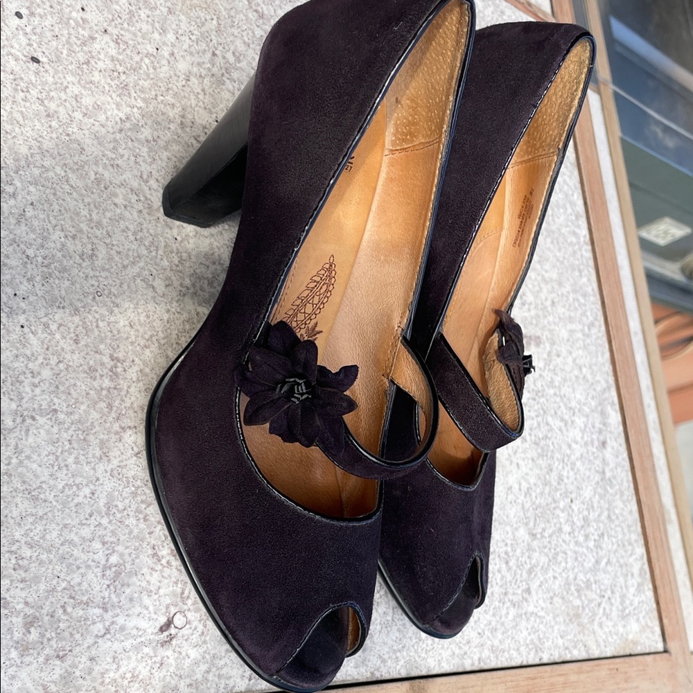 Women's deep purple Suede Peep-Toe Mary Jane Heels with Flower Accent